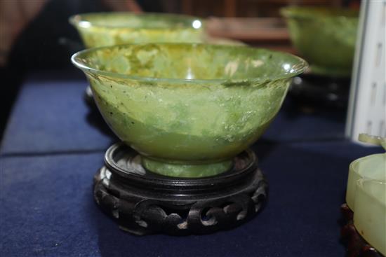 A Chinese bowenite jade brushwasher and a pair of hardstone bowls